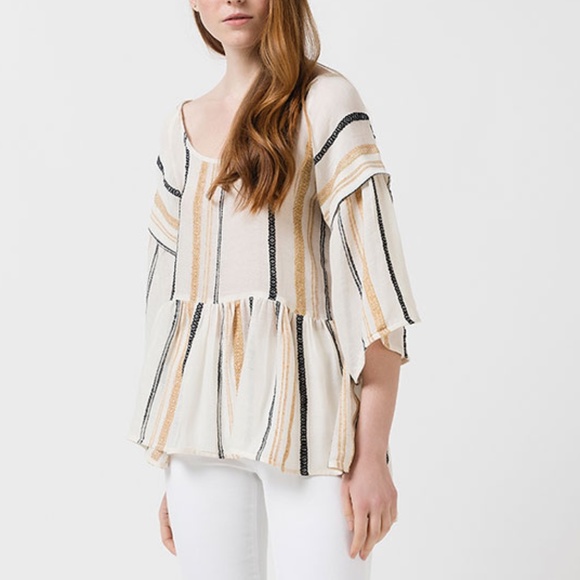 Ada Kamara | Criss Cross Embroidered Striped Textured Knit Peplum Boho Blouse - Picture 1 of 13